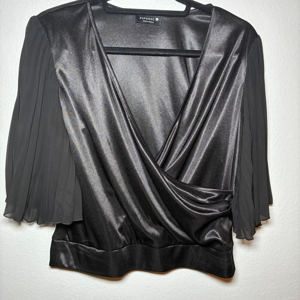 Paperoc Black Wrap Satin Top Blouse Chic Flutter Sleeve Whimsigoth Womens Medium